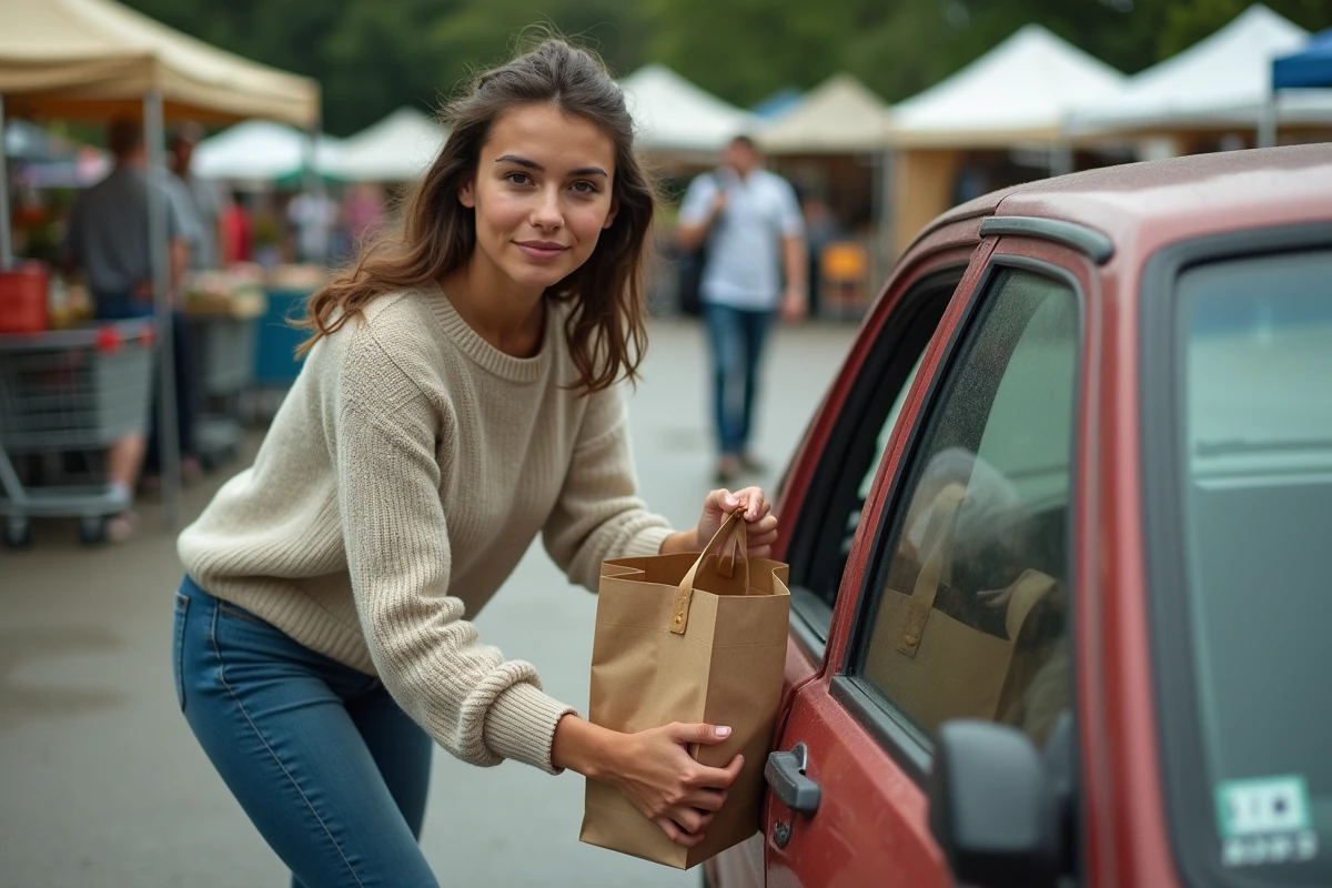 Jeune femme déposant des sacs réutilisables dans une vieille voiture au marché