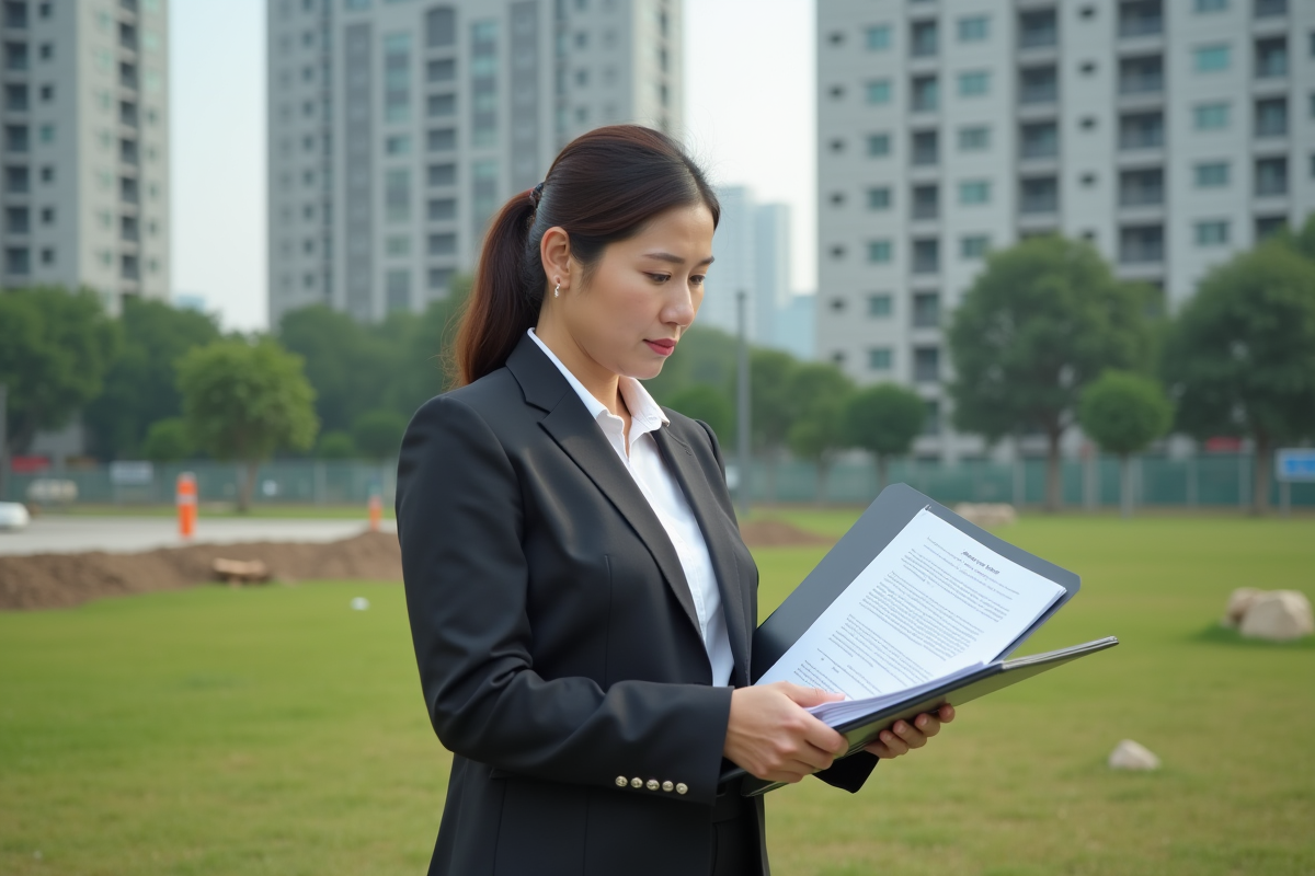 Femme d affaires examinant un dossier en extérieur