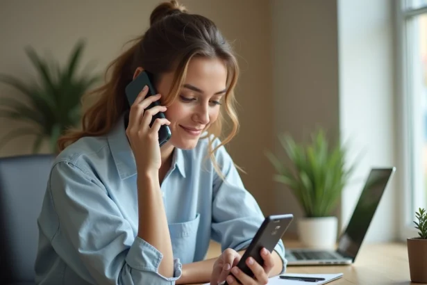 Femme composant un numéro international avec l'indicatif +34 de l'Espagne sur son smartphone