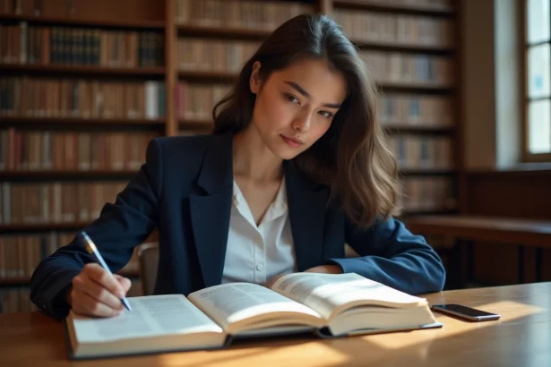 Jeune femme consultant des sources encyclopédiques dans une bibliothèque universitaire pour vérifier des origines et informations biographiques