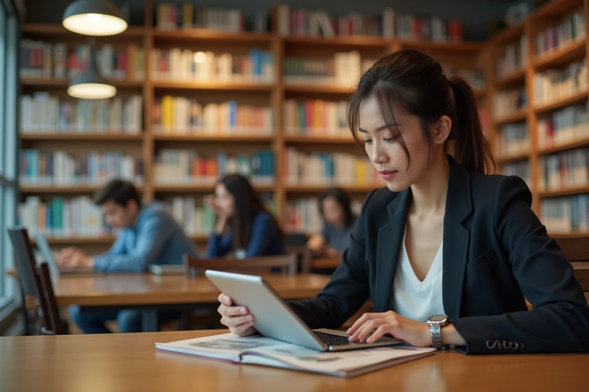 Femme en business casual utilisant une tablette en bibliothèque
