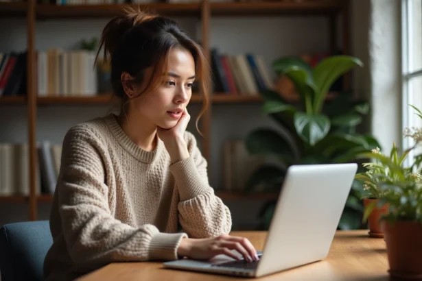Femme concentrée sur son ordinateur dans un bureau automnal