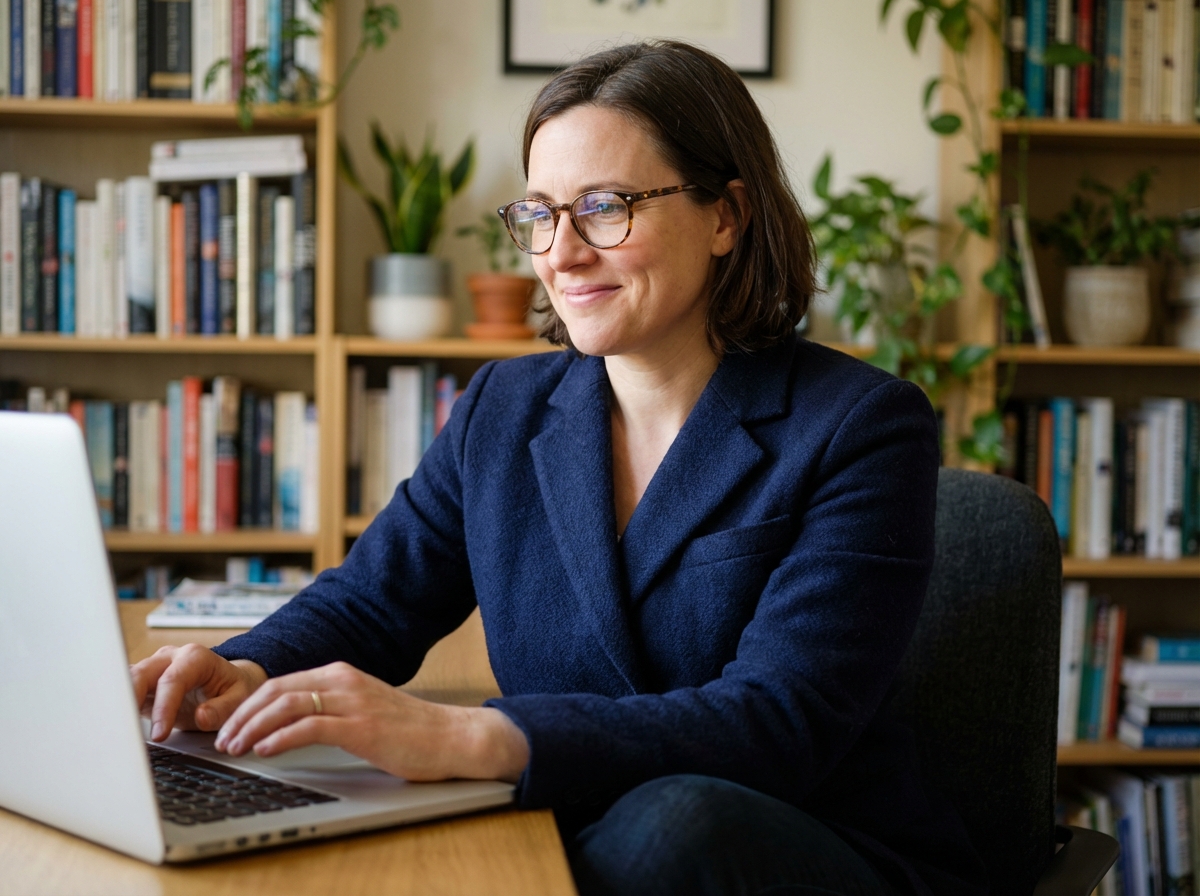 Femme en blazer navy dans un bureau cosy et moderne