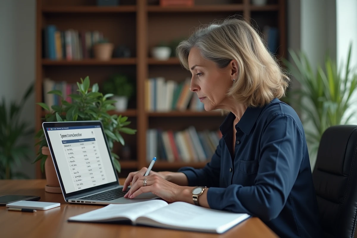 Femme consultant un tableau de conversion de vitesse km/h en mph sur un ordinateur portable dans un bureau à domicile