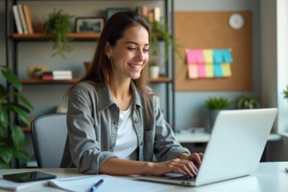 Jeune femme au bureau regardant son ordinateur avec surprise