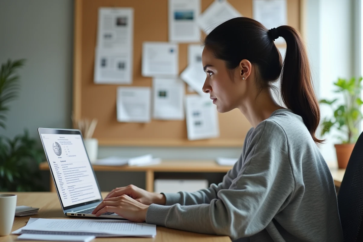 Femme analysant un article Wikipédia sur son ordinateur portable entourée de coupures de presse et de notes dans un bureau à domicile