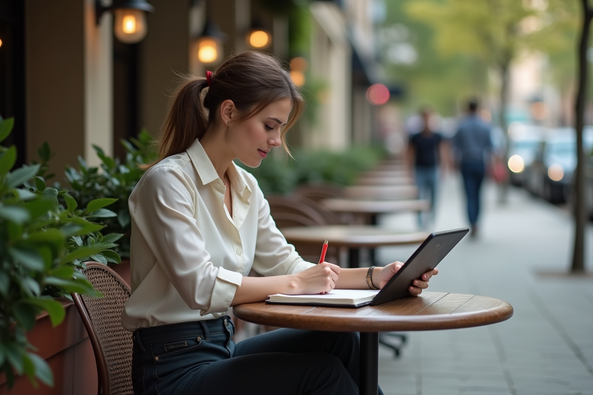 Jeune femme travaillant dans un café avec tablette et carnet