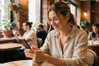 Femme souriante dans un café parisien regardant son smartphone, illustrant une rencontre en ligne positive