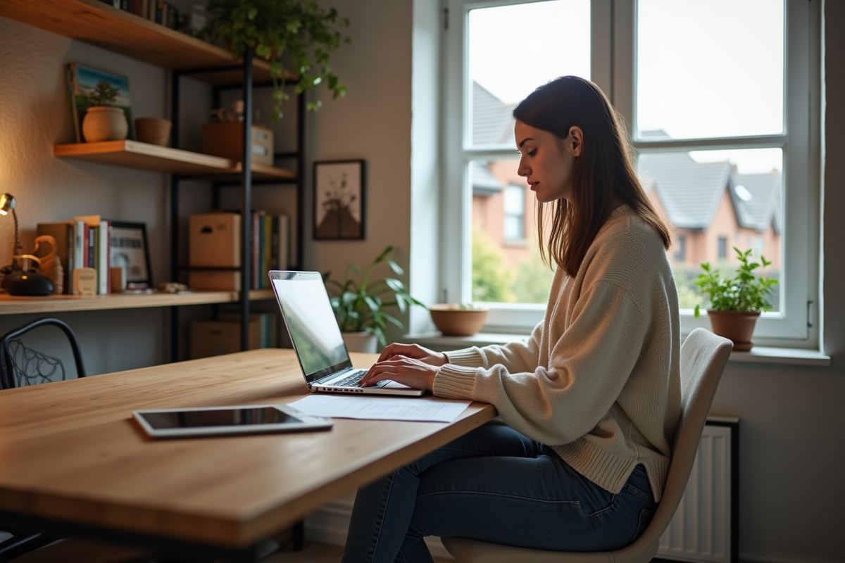 Jeune femme en intérieur calcule des intérêts hypothécaires sur son ordinateur