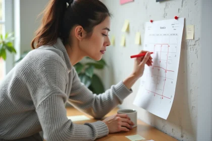 Femme entourant les semaines impaires 2026 au marqueur rouge sur un calendrier mural dans un bureau à domicile