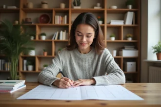 Femme consultant un calendrier imprimé avec semaines paires et impaires numérotées sur un bureau en bois, ambiance bureau à domicile organisé