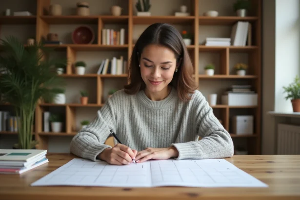 Femme consultant un calendrier imprimé avec semaines paires et impaires numérotées sur un bureau en bois, ambiance bureau à domicile organisé