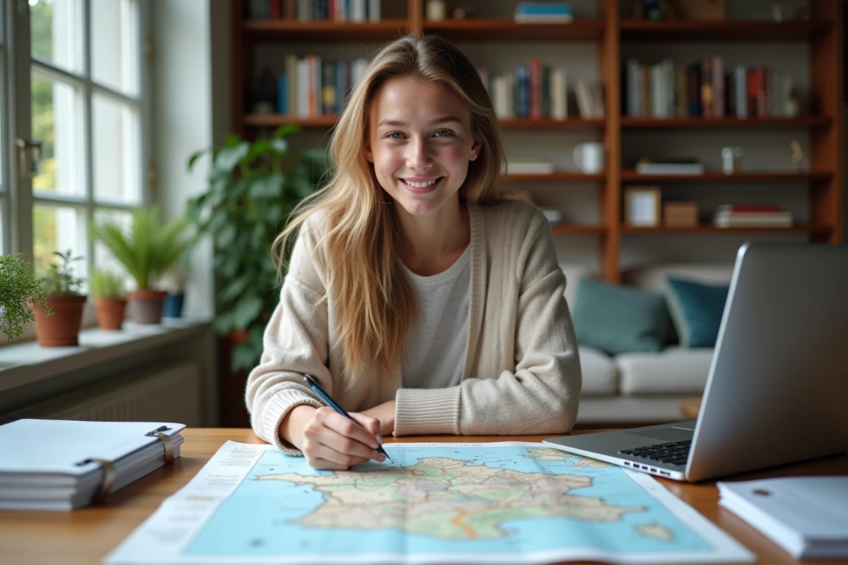 Jeune femme planifiant un voyage avec une carte en intérieur