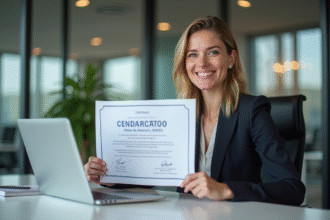 Femme confiante avec certificat marketing en main