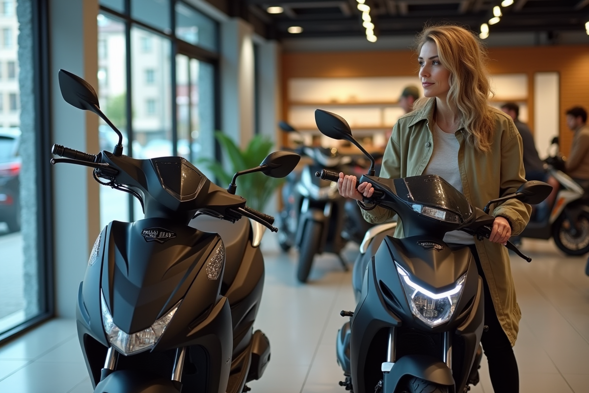 Femme comparant les tableaux de bord de motos en showroom