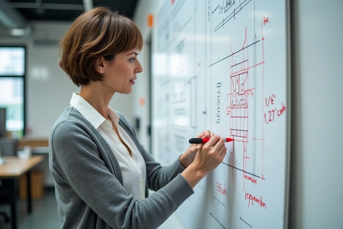 Femme corrigeant un dessin technique avec un marqueur rouge