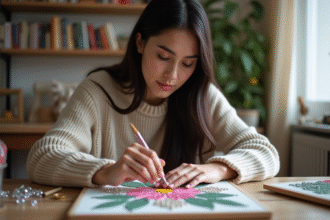 Femme concentrée sur son embroidery de diamants 5D dans un salon lumineux