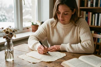 Femme écrivant une lettre de vœux du nouvel an bilingue à la plume sur un bureau en bois chaleureux avec décor hivernal
