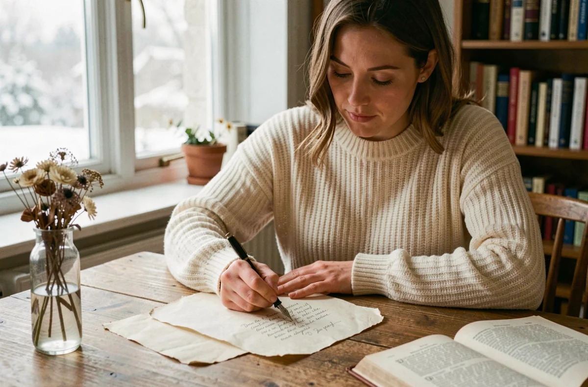 Femme écrivant une lettre de vœux du nouvel an bilingue à la plume sur un bureau en bois chaleureux avec décor hivernal