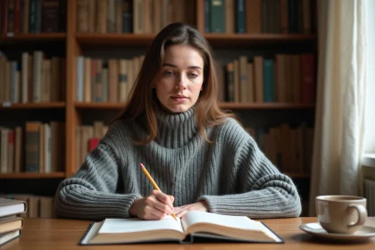Jeune femme étudiant la conjugaison du verbe jouir dans un manuel de grammaire française posé sur un bureau en bois