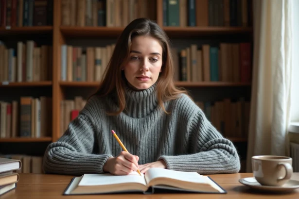 Jeune femme étudiant la conjugaison du verbe jouir dans un manuel de grammaire française posé sur un bureau en bois