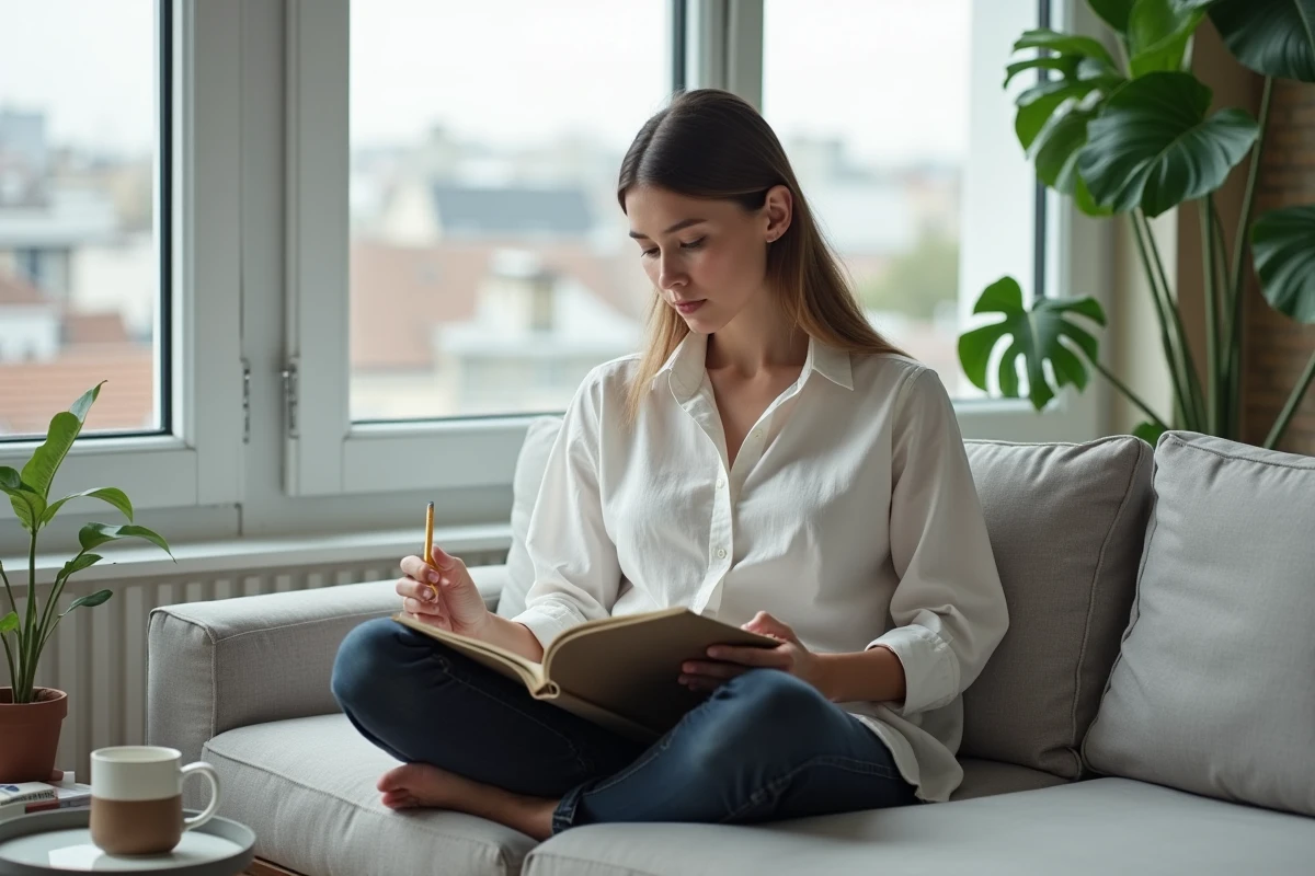 Femme concentrée sur des exercices de conjugaison française dans un cahier de grammaire posé sur ses genoux dans un salon moderne