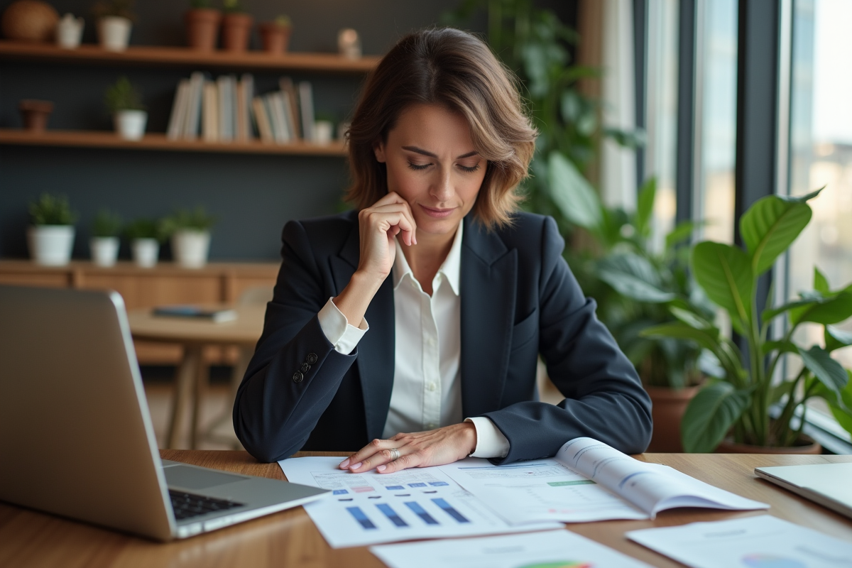Femme d'affaires examine documents financiers à domicile