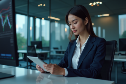 Jeune femme en blazer bleu examine des graphiques financiers