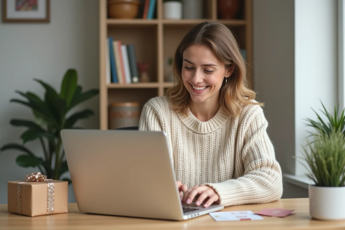 Femme consultant une application de gestion de cartes cadeaux sur son ordinateur portable dans un bureau à domicile chaleureux