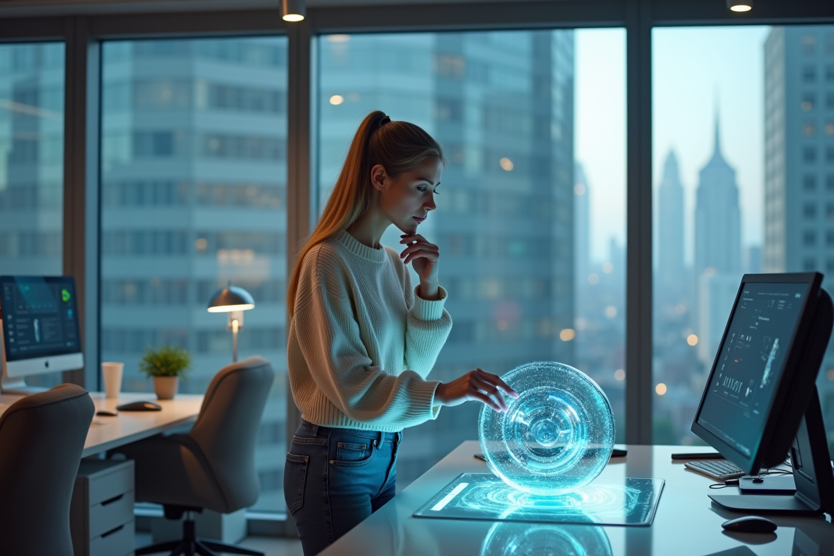 Jeune femme interagissant avec une interface holographique moderne