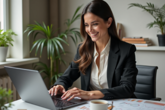 Femme confiante travaillant sur un ordinateur dans un bureau moderne