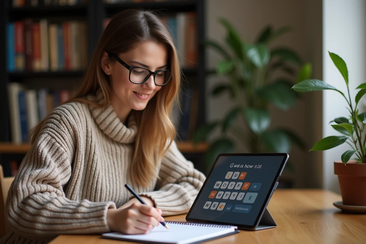 Femme concentrée jouant à un jeu de mots à la maison