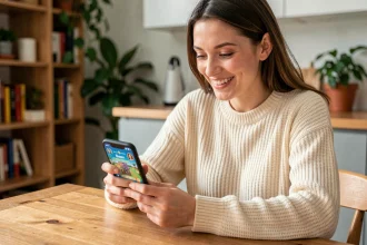 Jeune femme jouant à Monopoly Go sur smartphone à une table en bois, souriant en tapant sur l'écran d'un jeu de plateau mobile coloré