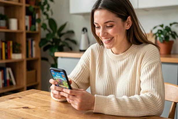 Jeune femme jouant à Monopoly Go sur smartphone à une table en bois, souriant en tapant sur l'écran d'un jeu de plateau mobile coloré