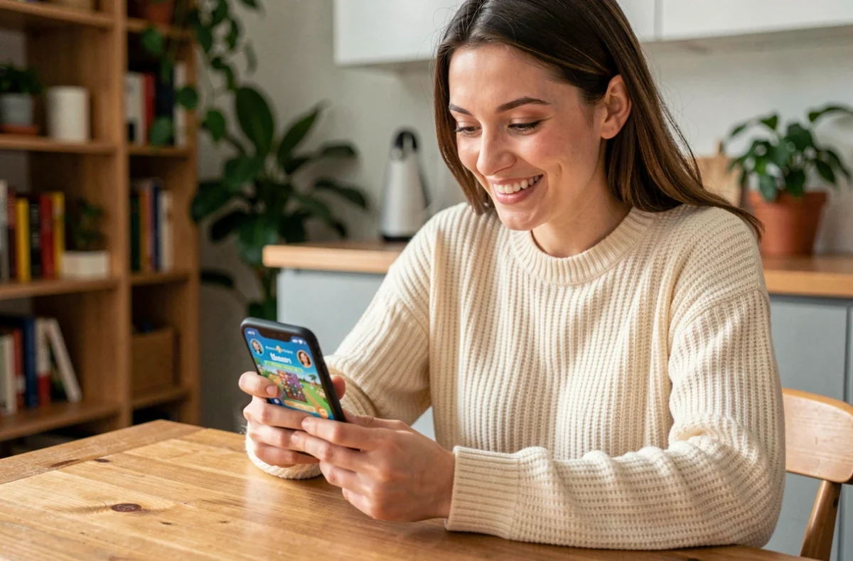 Jeune femme jouant à Monopoly Go sur smartphone à une table en bois, souriant en tapant sur l'écran d'un jeu de plateau mobile coloré