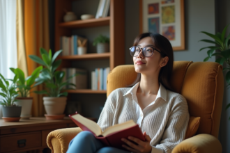 Femme lisant dans un salon cosy et décoré