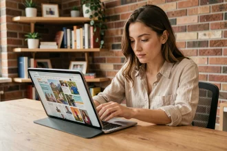 Jeune femme lisant un magazine digital sur tablette dans un bureau moderne au style minimaliste