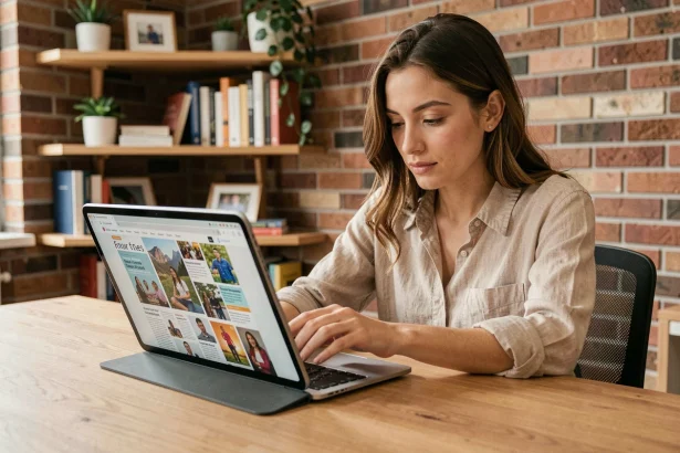 Jeune femme lisant un magazine digital sur tablette dans un bureau moderne au style minimaliste