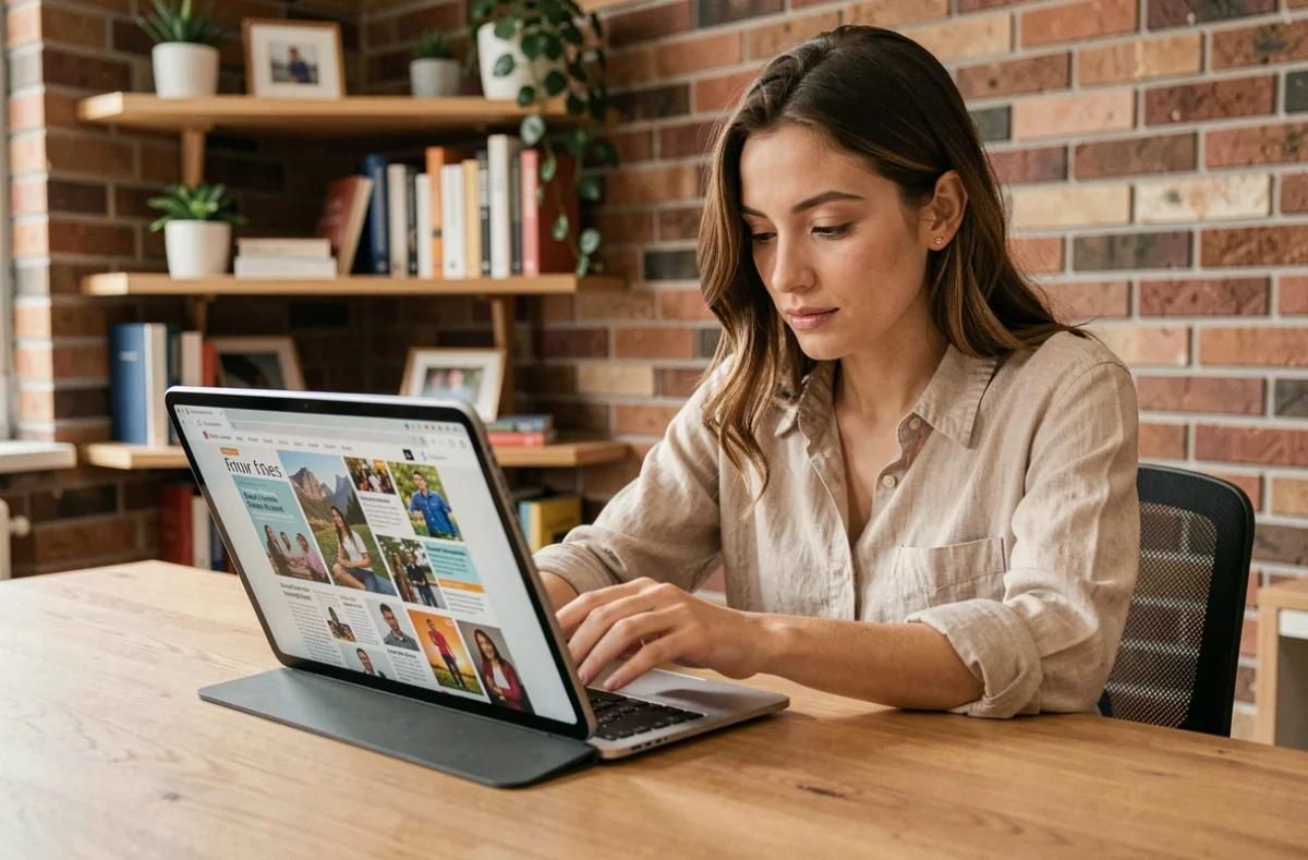 Jeune femme lisant un magazine digital sur tablette dans un bureau moderne au style minimaliste