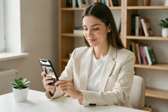 Jeune femme professionnelle consultant ses Instagram Stories sur smartphone dans un bureau épuré pour construire sa marque personnelle