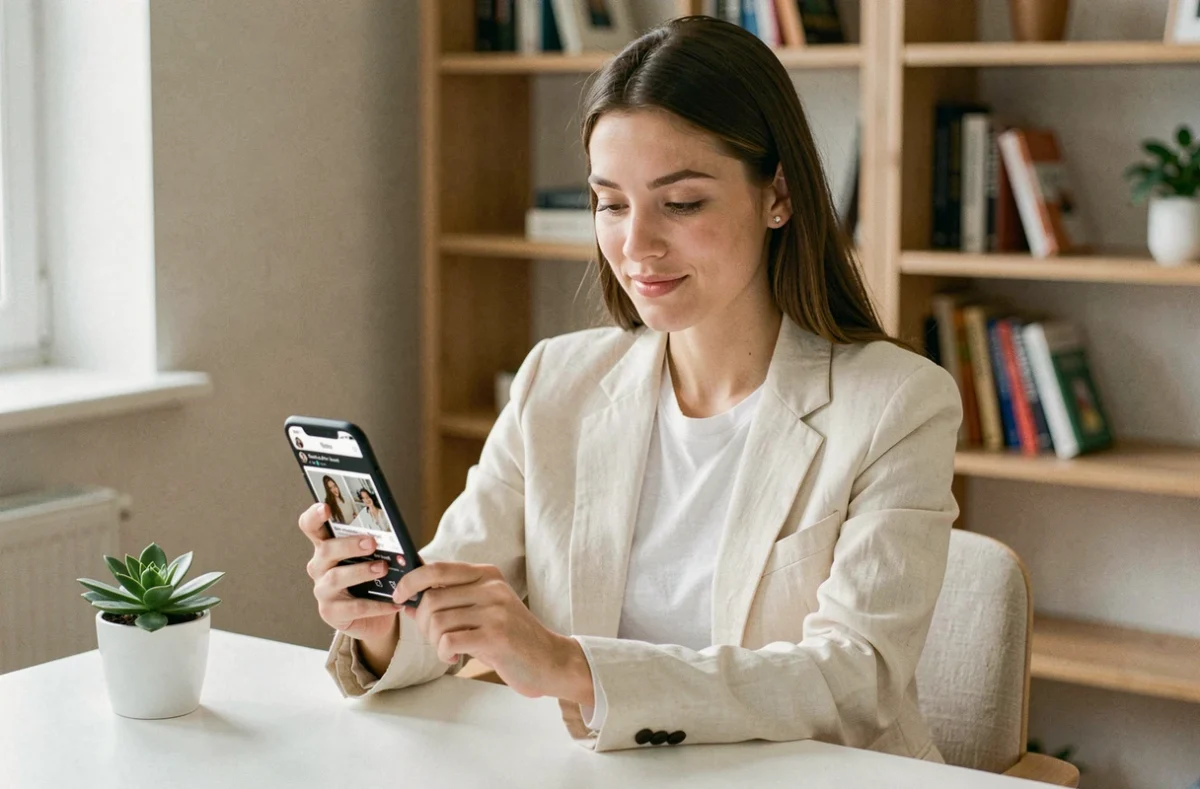 Jeune femme professionnelle consultant ses Instagram Stories sur smartphone dans un bureau épuré pour construire sa marque personnelle