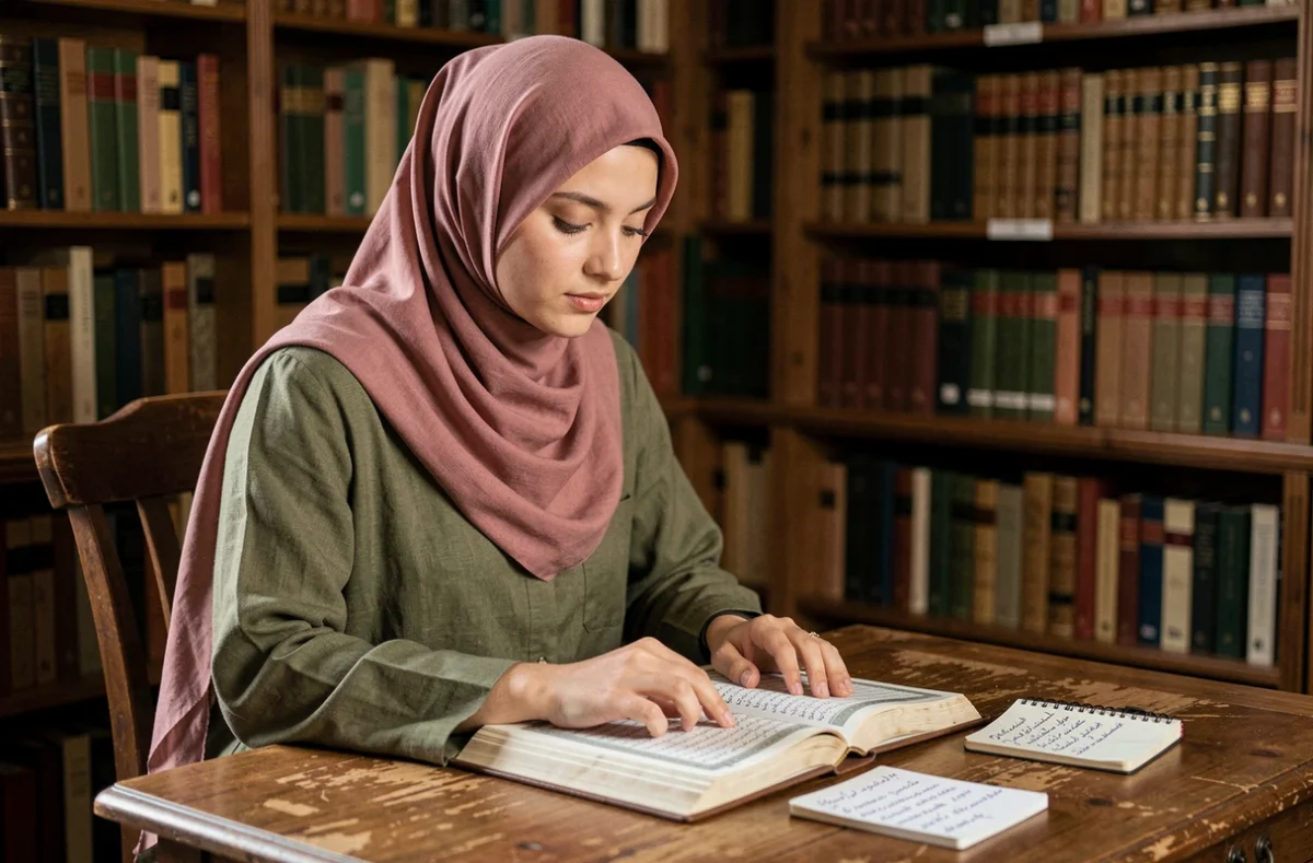 Jeune femme voilée prenant des notes en français sur la sourate Al-Mulk dans une bibliothèque calme, méditation guidée sur la royauté d'Allah
