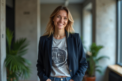 Femme en blazer navy dans un bureau moderne