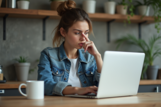 Femme pensant devant son ordinateur dans la cuisine