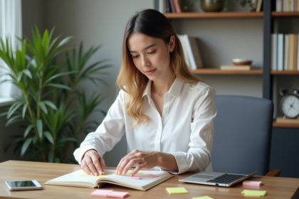 Jeune femme organisée planifiant avec des notes colorées