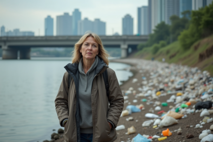 Femme contemplant une rivière polluée avec déchets plastiques