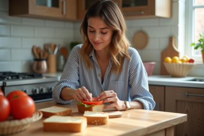 Jeune femme préparant un sandwich dans une cuisine lumineuse