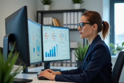 Professionnelle analysant sa e-réputation sur des tableaux de bord numériques dans un bureau moderne