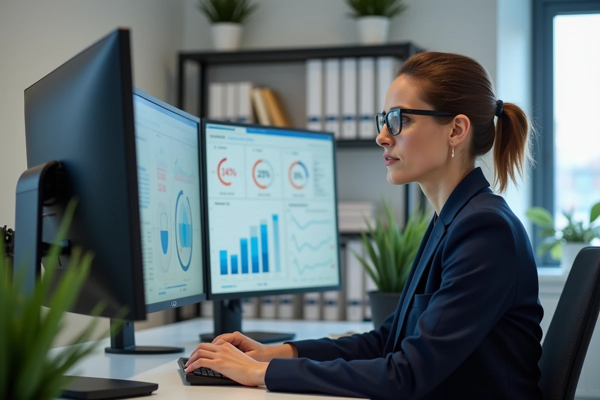 Professionnelle analysant sa e-réputation sur des tableaux de bord numériques dans un bureau moderne