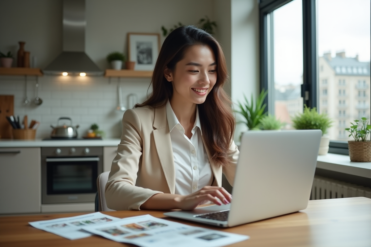 Femme jeune recherchant des annonces immobilières sur son ordinateur